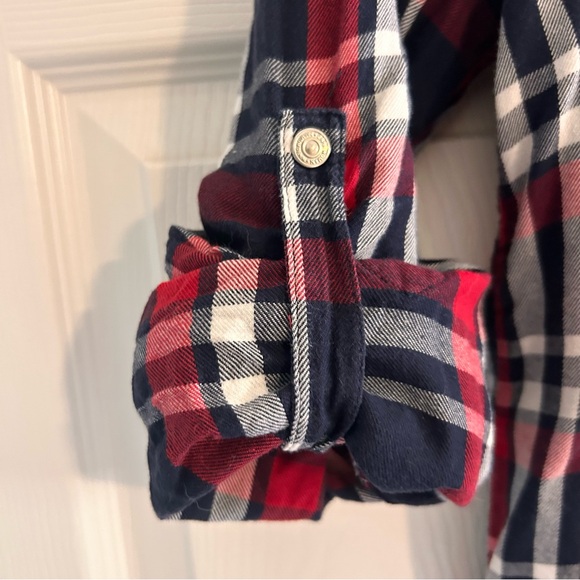 Zara Woman Premium Denim Collection Red and Navy Plaid Long-Sleeve Button Down - Picture 2 of 4